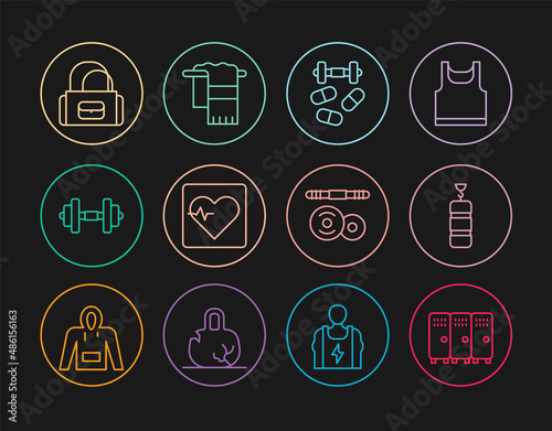 Set line Locker or changing room, Punching bag, Sports doping with dumbbell, Heart rate, Dumbbell, Barbell and Towel on hanger icon. Vector