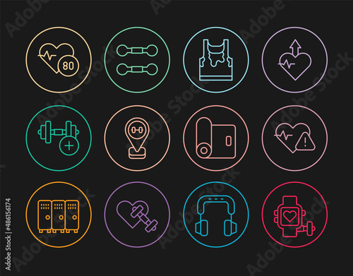 Set line Smart watch with heart, Heart rate, Sweaty sleeveless t-shirt, Location gym, Dumbbell, Fitness mat roll and icon. Vector