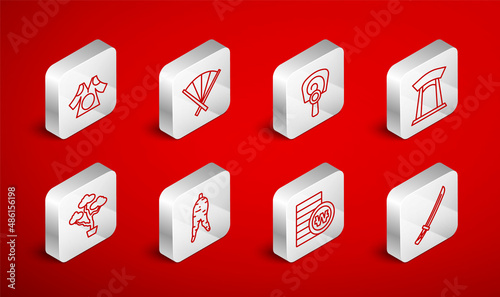 Set line Katana, Traditional fan, Korean hand, gate, South won coin, Kimono, Ginseng root and Bonsai tree icon. Vector