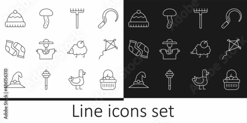 Set line Basket and food, Kite, Garden rake, Scarecrow, Socks, Winter hat, Hedgehog and Mushroom icon. Vector