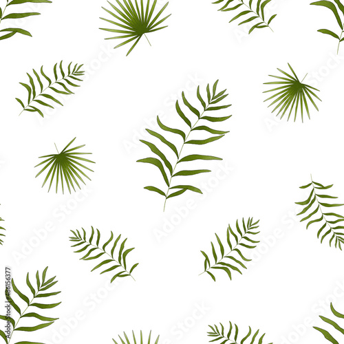 Tropical leaves seamless pattern. Jungle hand drawn illustration. Palm leaves drawing