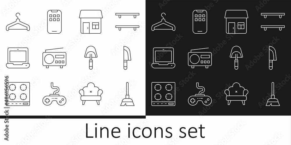 Set line Handle broom, Knife, House, Radio, Laptop, Hanger wardrobe, Spatula and Mobile Apps icon. Vector Set line Handle broom, Knife, House, Radio, Laptop, Hanger wardrobe, Spatula and Mobile Apps icon. Vector