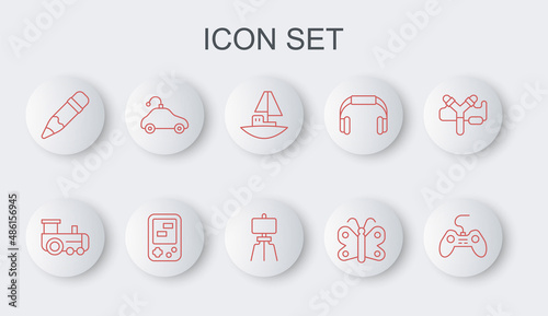 Set line Gamepad, Toy train, boat, Butterfly, Pencil with eraser, Radio controlled car toy, Tetris electronic game and Wood easel icon. Vector