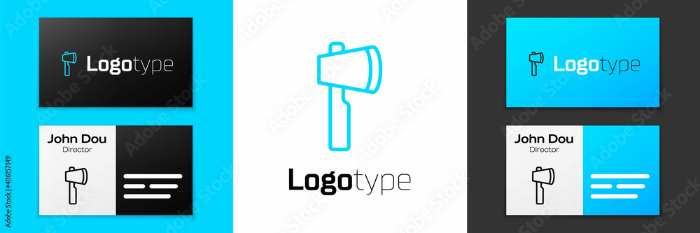 Blue line Wooden axe icon isolated on white background. Lumberjack axe. Logo design template element. Vector Blue line Wooden axe icon isolated on white background. Lumberjack axe. Logo design template element. Vector