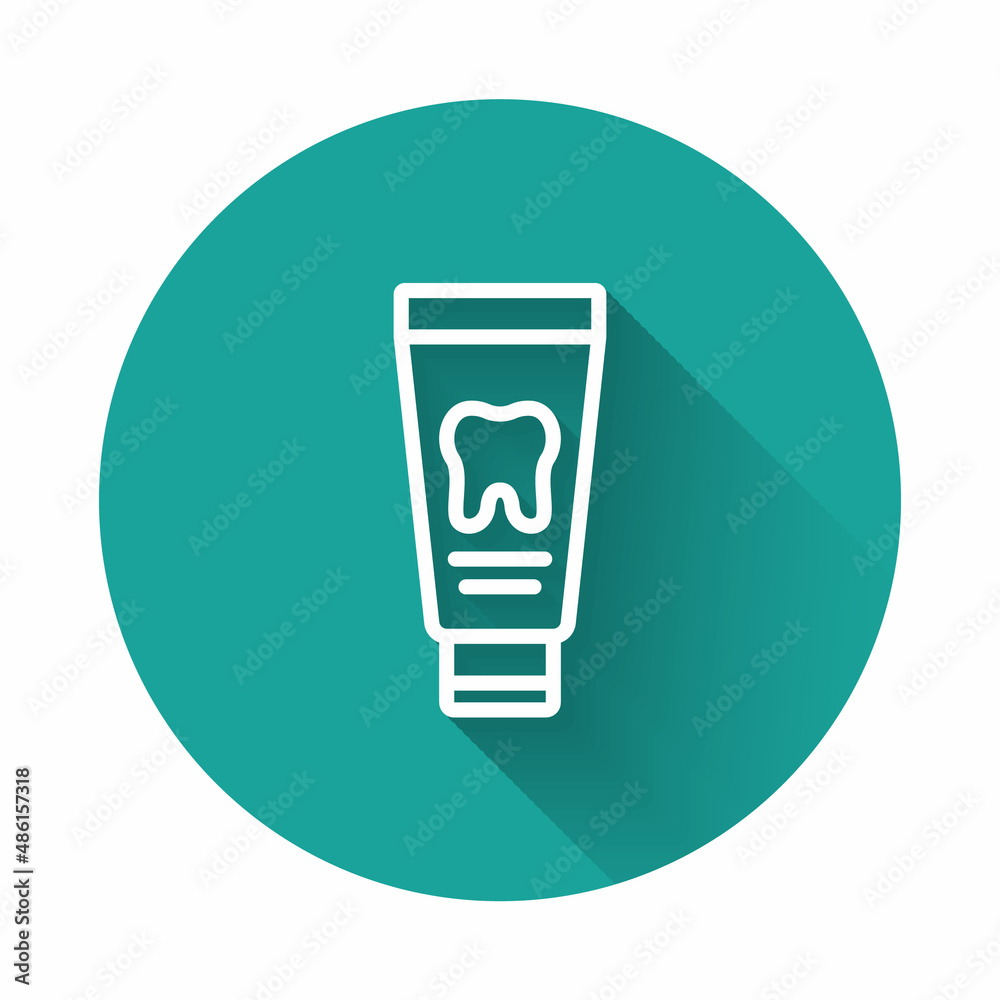 White line Tube of toothpaste icon isolated with long shadow. Green circle button. Vector White line Tube of toothpaste icon isolated with long shadow. Green circle button. Vector