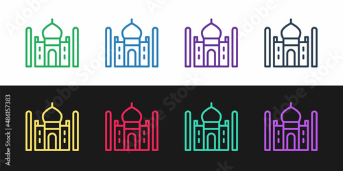 Set line Taj Mahal mausoleum in Agra, Indiaicon isolated on black and white background. Vector