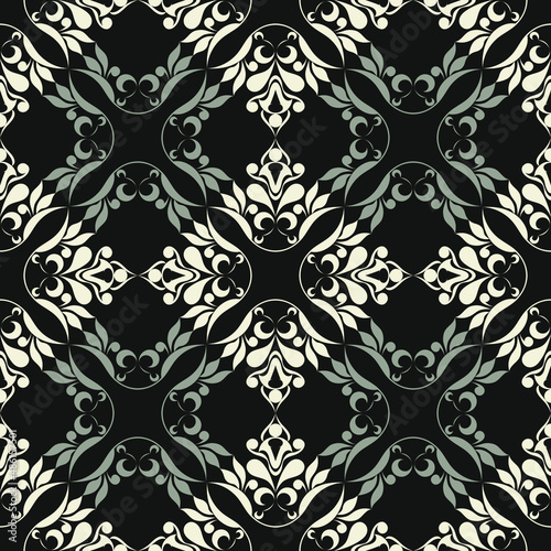 seamless botanical pattern of painted oriental motifs on a white background