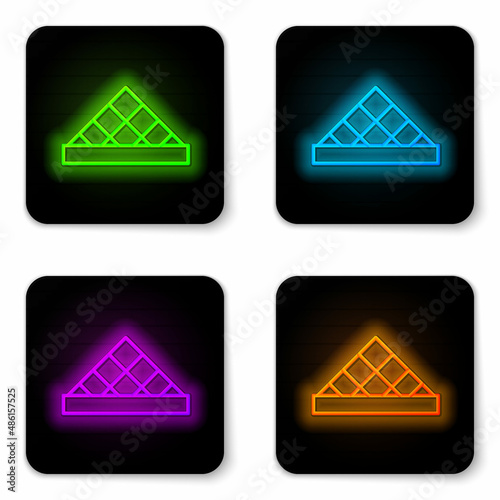 Glowing neon line Louvre glass pyramid icon isolated on white background. Louvre museum. Black square button. Vector