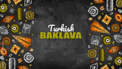 Chalk drawing poster with colorful Turkish baklava isolated on blackboard. Oriental sweets template, baked arabic dessert with hazelnut, chocolate, pistachio. Istanbul food banner. Vector illustration
