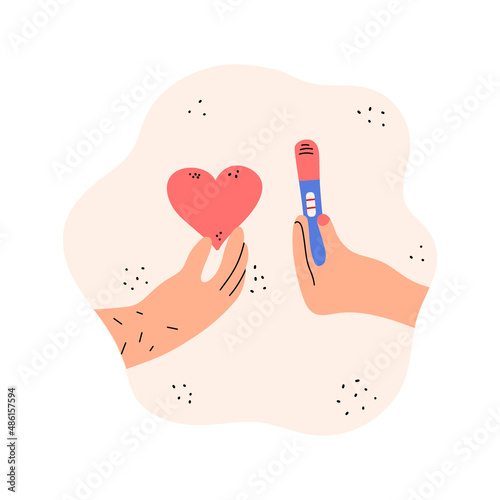 A man's hand with a heart and a woman's hand holds a positive pregnancy test with two stripes. The concept of expecting a child by a happy family. Hand drawn vector illustration.