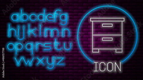 Glowing neon line Furniture nightstand icon isolated on brick wall background. Neon light alphabet. Vector