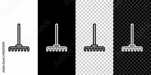 Set line Garden rake icon isolated on black and white, transparent background. Tool for horticulture, agriculture, farming. Ground cultivator. Housekeeping equipment. Vector