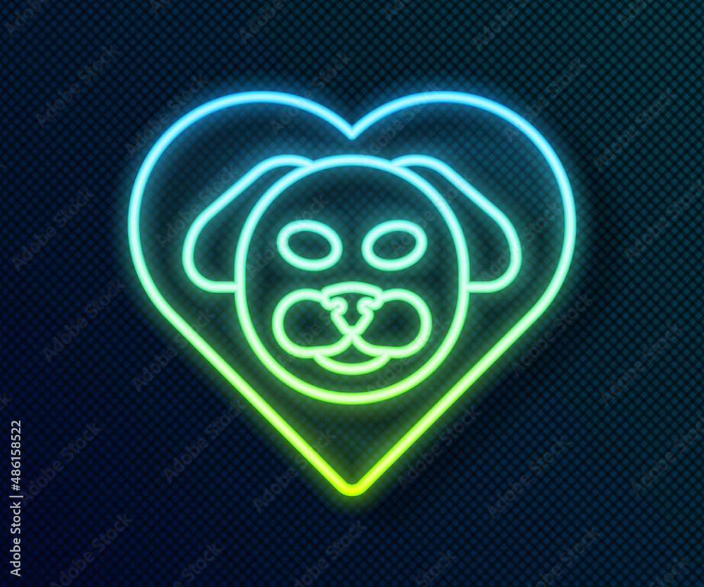 Glowing neon line Heart with dog icon isolated on black background. Pet paw in heart. Love to the animals. Vector Glowing neon line Heart with dog icon isolated on black background. Pet paw in heart. Love to the animals. Vector