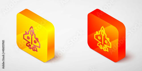 Free Download Isometric line Jet fighter icon isolated on grey background. Military aircraft. Yellow and orange square button. Vector - GFXLoad