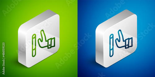 Isometric line Giving up cigarette icon isolated on green and blue background. Tobacco sign. Smoking symbol. Healthy lifestyle. Silver square button. Vector
