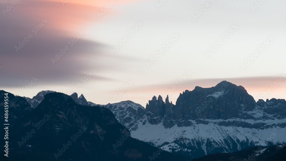 sunrise in Dolomites, telephoto view from Bolzano
