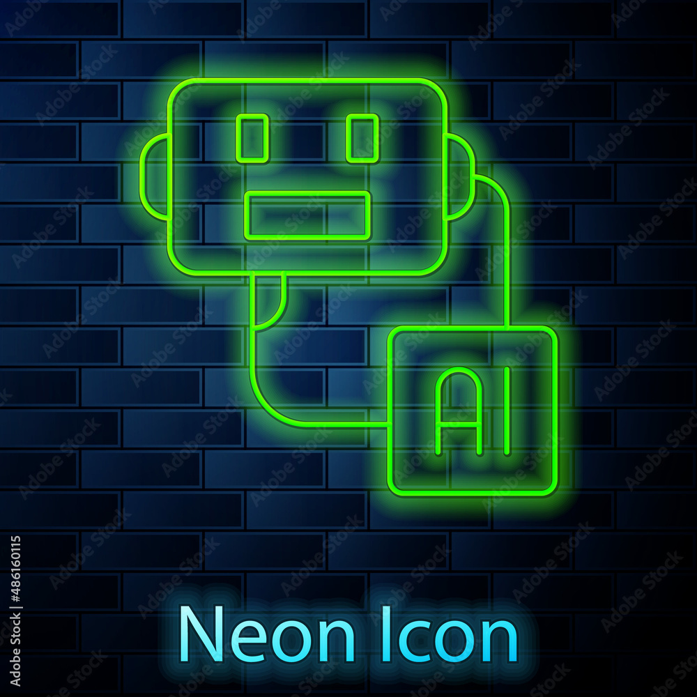 Glowing neon line Artificial intelligence robot icon isolated on brick wall background. Machine learning, cloud computing. Vector Glowing neon line Artificial intelligence robot icon isolated on brick wall background. Machine learning, cloud computing. Vector