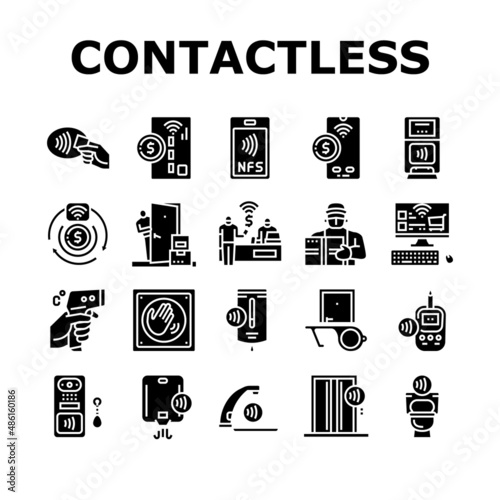 Contactless System Technology Icons Set Vector. Contactless Payment With Card And Smartphone Nfc At Pos Terminal, Faucet And Antiseptic Dispenser, Elevator Toilet Glyph Pictograms Black Illustrations