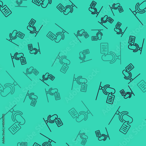 Black line Microphone voice device icon isolated seamless pattern on green background. Microphone interpreter and alphabet letters. Vector