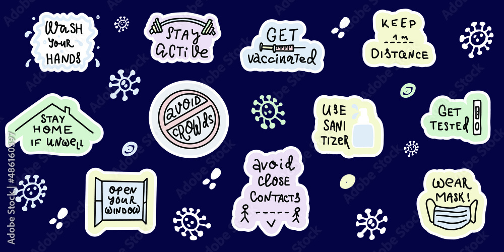 Set of cartoon clipart stickers with instructions to protect against coronavirus.