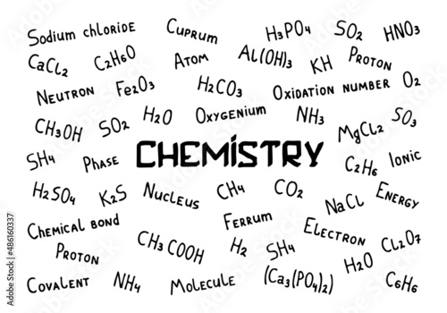 Chemical theme background with chemical formulas in doodle style. The inscription "Chemistry" in the middle of the picture. Hand Drawn. White chalk is drawn on a green school board.