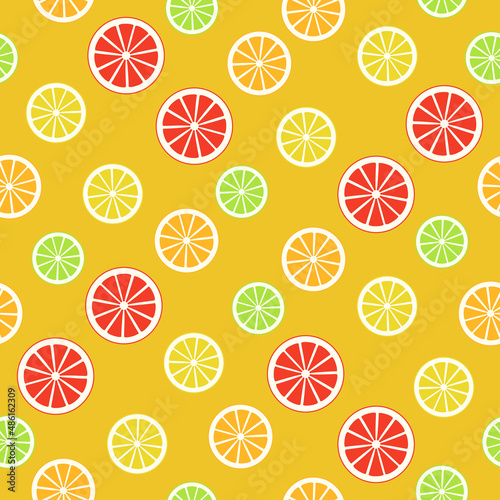 Citrus variety seamless pattern. Bright wallpaper texture with orange, lemon, lime, grapefruit. Sweet juicy background