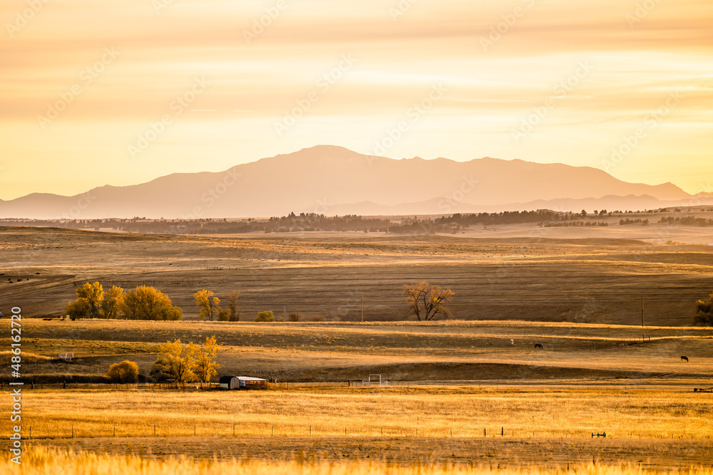 Pike's Peak at Golden Hour with Open Fields