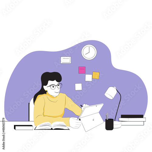 The girl behind the tablet. Overview flat conceptual illustration of online education, training and courses, training, video tutorials, for website banner, presentation template, online advertising