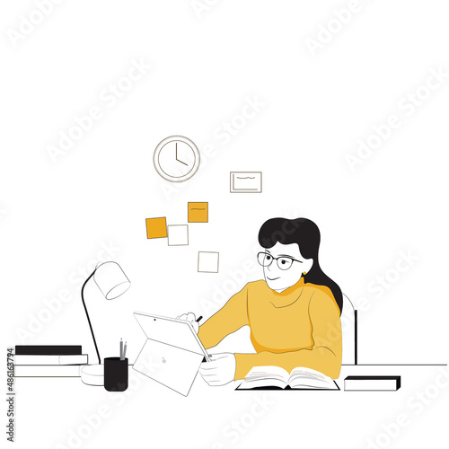 The girl behind the tablet. Overview flat conceptual illustration of online education, training and courses, training, video tutorials, for website banner, presentation template, online advertising