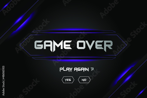 Geometric and futuristic screen Game Over banner . Metal gray black offline background with Purple lines and sparkles