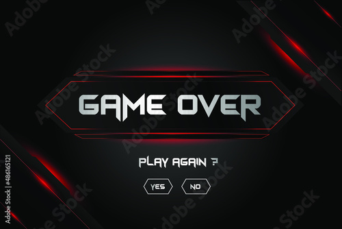 Abstract Game Over screen banner. Metal gray black offline background with red lines and sparkles