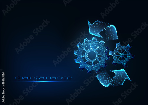 Futuristic glowing low polygonal maintenance service concept on dark blue background.