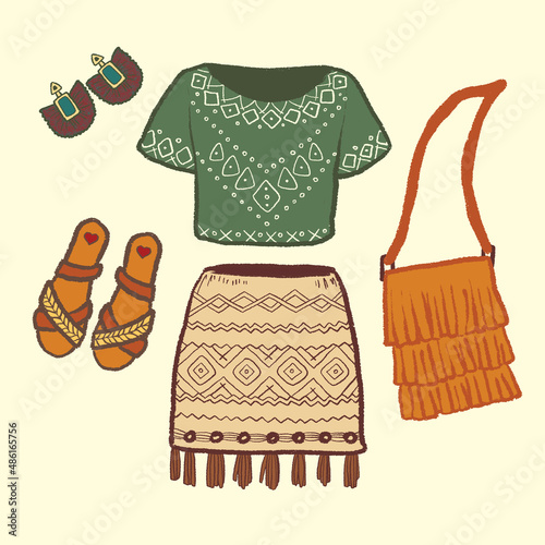 Boho style clothes vector illustration. Bohemian fashion look for woman: skirt, t-shirt, sandals and accessories