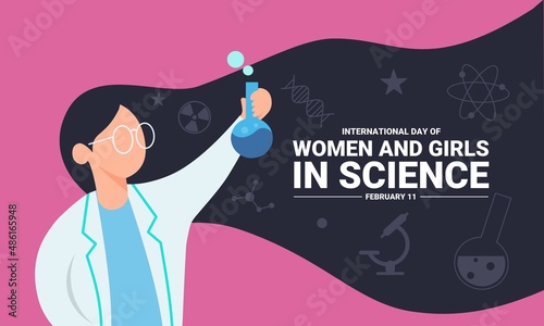 International Day of Women and Girls in Science. Science icon set. Illustration of young scientist woman. vector illustration.