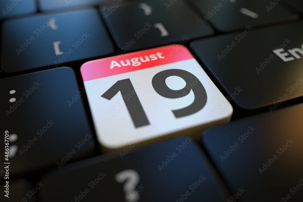 August 19 date on a keyboard key, 3d rendering August 19 date on a keyboard key, 3d rendering