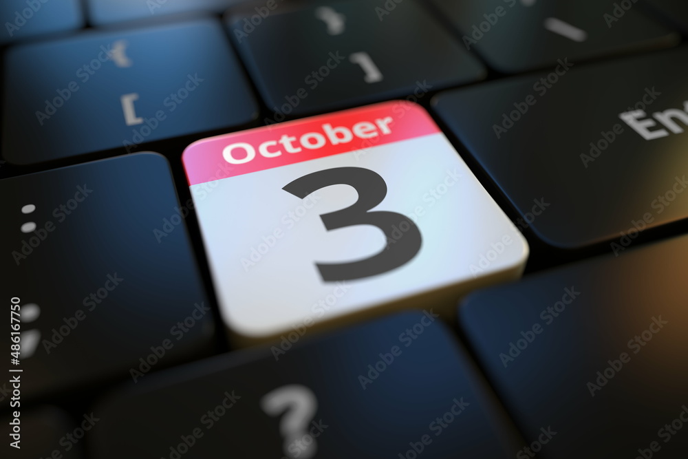 October 3 date on a keyboard key, 3d rendering October 3 date on a keyboard key, 3d rendering
