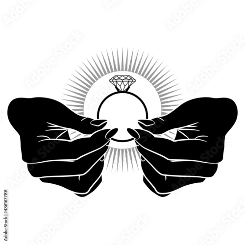 Two human hands holding engagement diamond ring in shining halo. Creative romantic concept. Black and white silhouette.