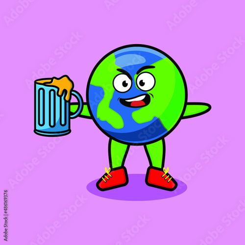 Earth cartoon mascot character with beer glass and cute stylish design for t-shirt, sticker, logo elements