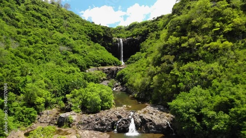 Aerial shot of 7 cascade waterfalls in Mauritius