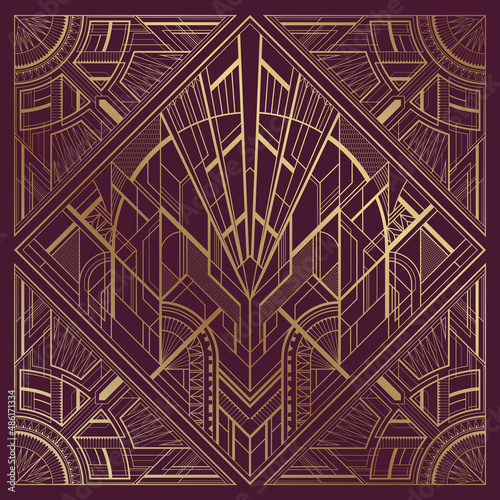 Gold art deco illustration with ornament on white background