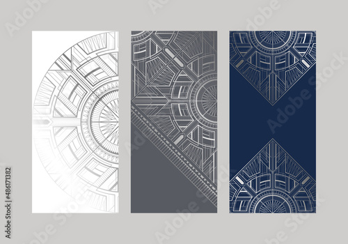 Set of white, grey and dark blue cards with silver art deco ornament