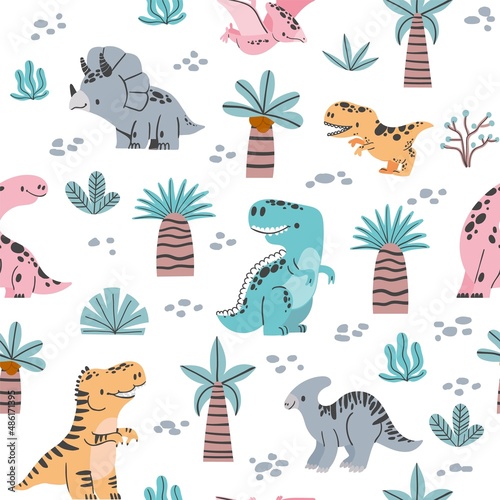 seamless cartoon pattern with cute dinosaurs, trees and palm in Scandinavian style. Kids print with funny dino for fabric, wallpaper, textile.Vector illustration