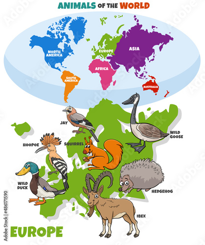 educational illustration with cartoon European animals
