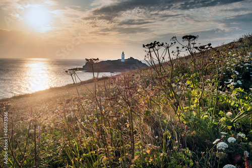 Godrevy Point Lighthouse and flower covered headland at sunset,North Cornwall,England,UK. photo