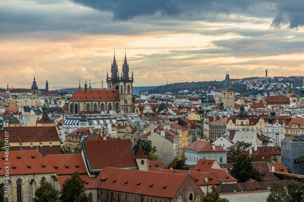 Skyline of Prague with the Church of Our Lady before Tyn and Old Town Hall tower, Czech Republic