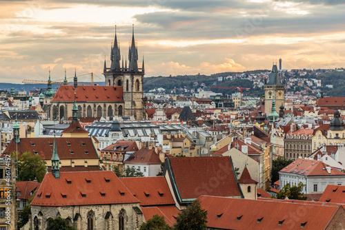 Skyline of Prague with the Church of Our Lady before Tyn and Old Town Hall tower, Czech Republic