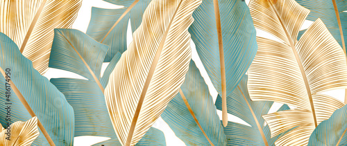 Luxury background with feathers in gold and blue colors in line art. Pattern for the design of invitations, packaging, weddings