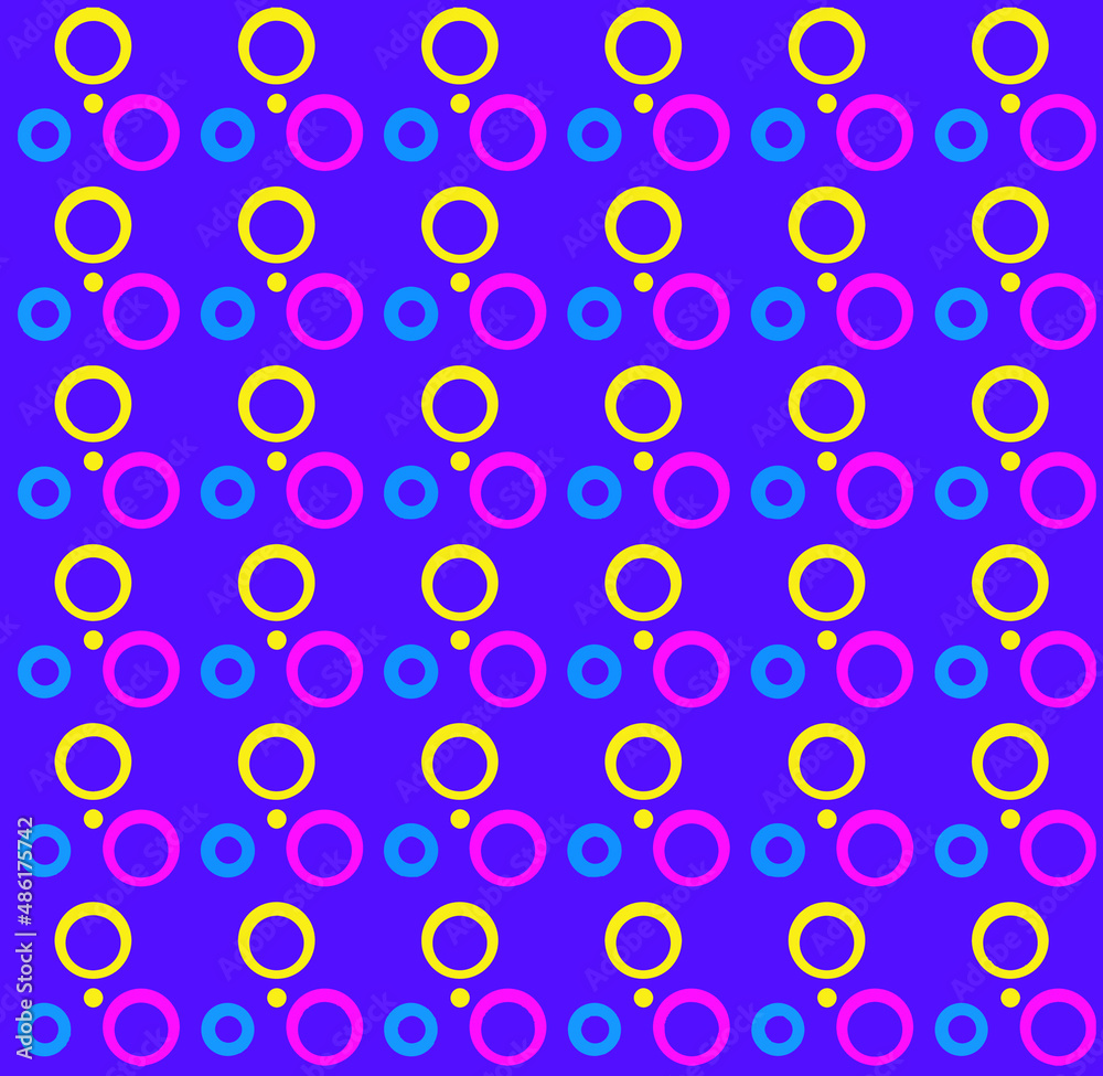 Yellow, blue and pink circles pattern on the purple background. Vector illustration.