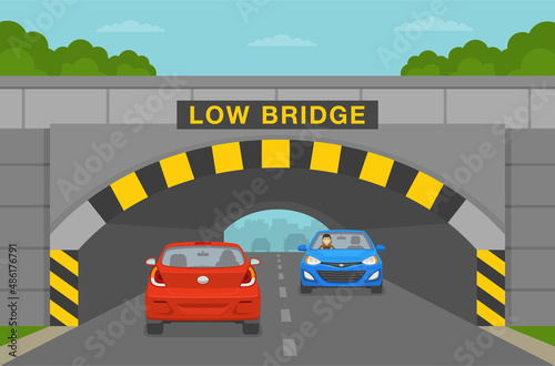 Flow of cars driving into a tunnel of low bridge. Low bridge with obstruction and hazard marker. Flat vector illustration template.