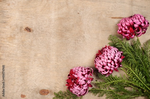 Vintage card concept,  flowers on a old wood